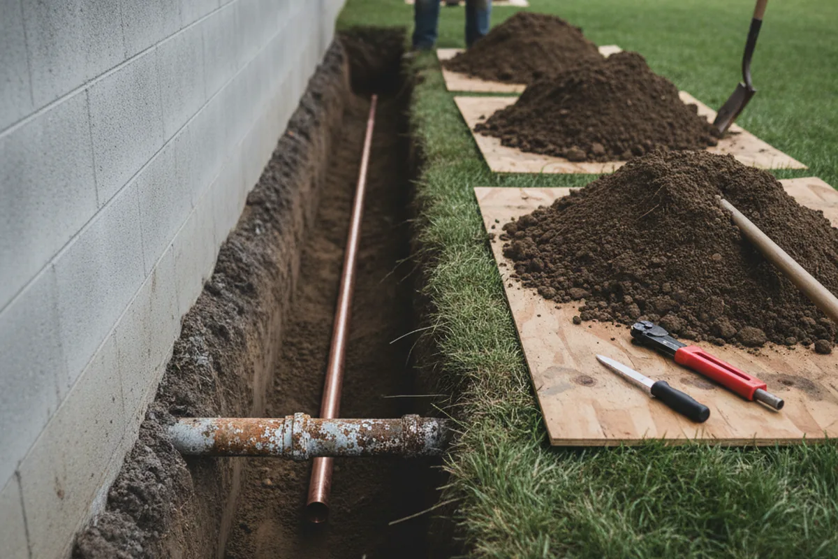 Excavated water line trench during Water Heater Repair in Dilliner